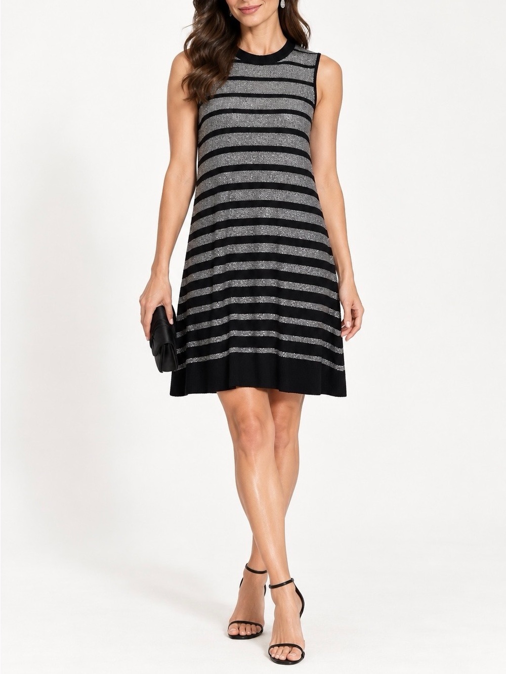 ECI New York Black Silver Metallic Striped Sleeveless A-Line Dress M